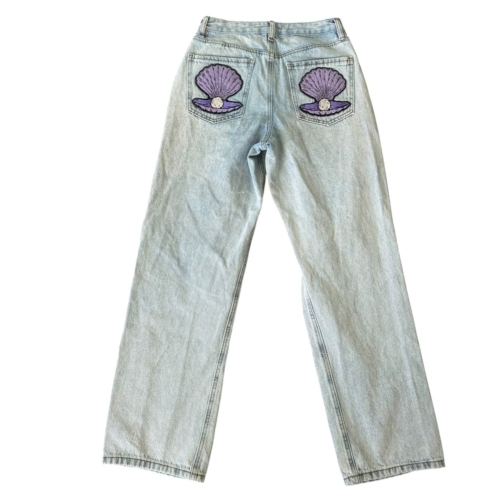 Forever 21 Premium 90s Fit Distressed Seashell Mermaid Patch Wide Leg Jeans 26